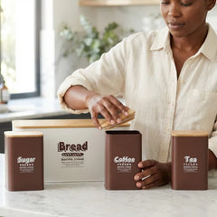 4-Piece Metal Bread Box Set with Bamboo Cutting Board Lid