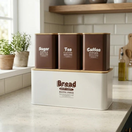 4-Piece Metal Bread Box Set with Bamboo Cutting Board Lid