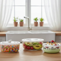 3-Pcs Printed Glass Bowl Set with Vented Lid