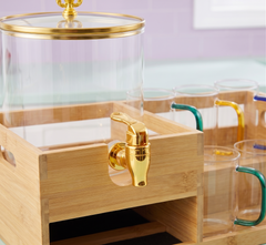Glass Beverage Dispenser with Bamboo Stand and Matching Glasses