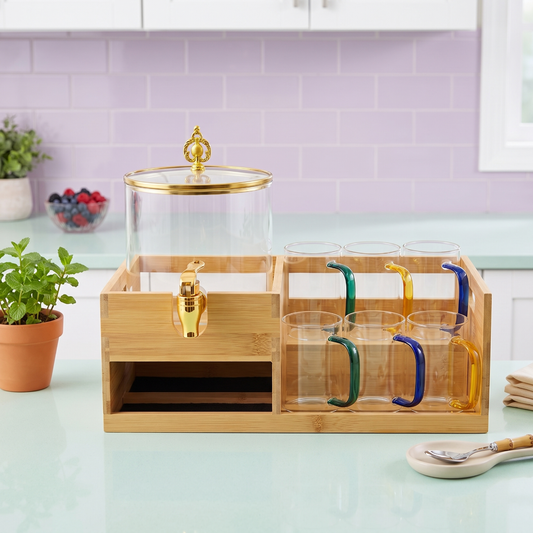 Glass Beverage Dispenser with Bamboo Stand and Matching Glasses