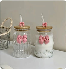 Bamboo Lid Glass Cup with Bow