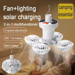 Solar Ceiling Fan Light with Hook and Foldable Frame for Camping and Indoor Use