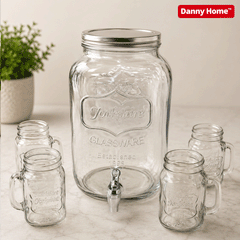 Danny Home Glass Beverage Dispenser 5Pcs Set 8 Litre Drink Server with Ice Chamber & 4 Mason Jar 520ml