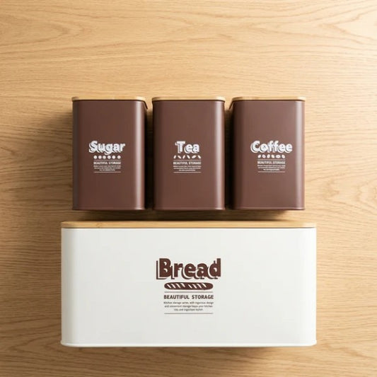 4-Piece Metal Bread Box Set with Bamboo Cutting Board Lid