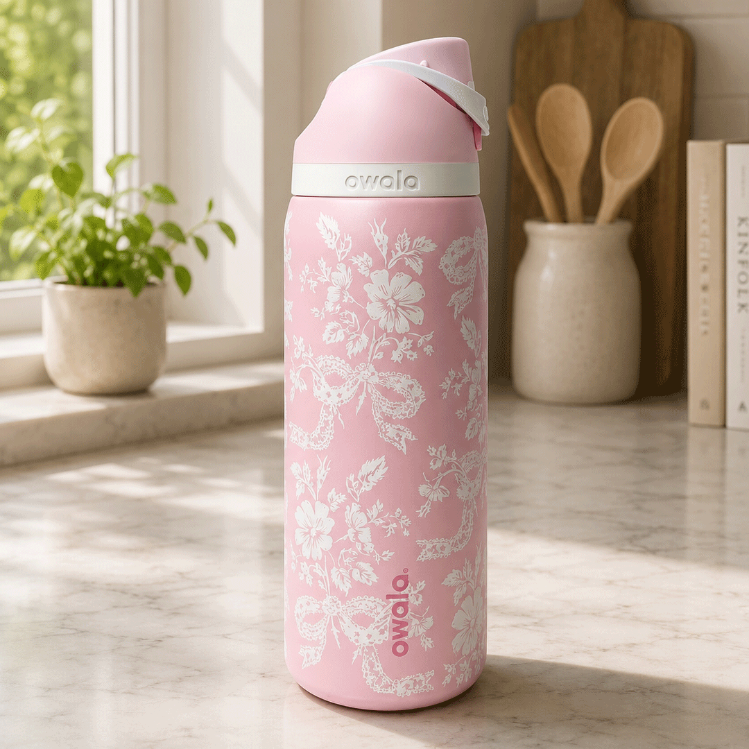Owala 32oz FreeSip × UO Limited Edition Ribbon Toile Pink Lace Design Water Bottle