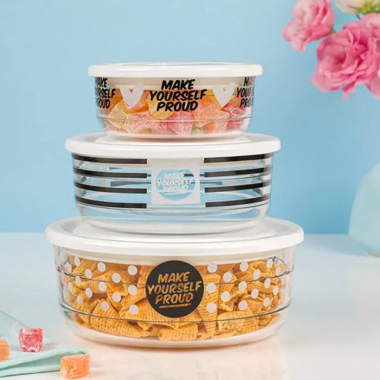 3-Pcs Printed Glass Bowl Set with Vented Lid