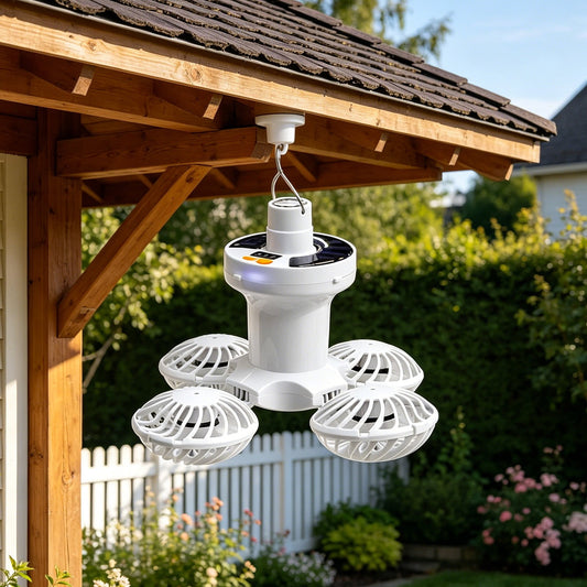 Solar Ceiling Fan Light with Hook and Foldable Frame for Camping and Indoor Use