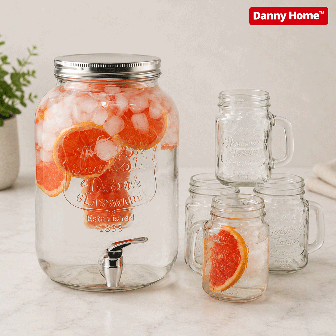 Danny Home Glass Beverage Dispenser 5Pcs Set 8 Litre Drink Server with Ice Chamber & 4 Mason Jar 520ml