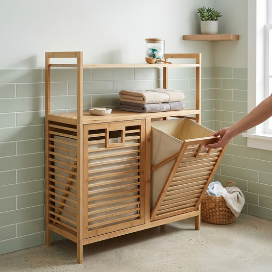 Bamboo Two Laundry Hamper Cabinet with Shelves