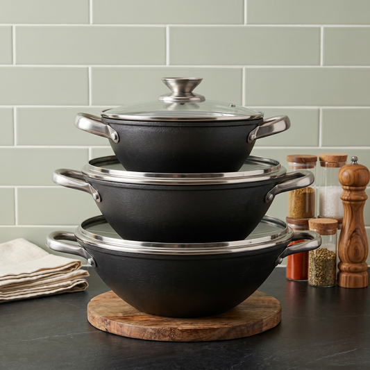 Danny Home Cast-Iron Karahi Double Handle Wok with Lid