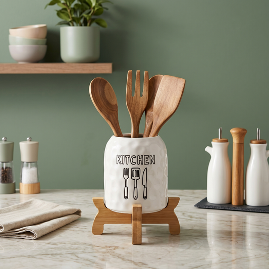 Elegant Porcelain Spoon Holder on Bamboo Base – Kitchen Utensil Organizer for Spoons Forks Knives Egg Beater Spreader – Modern Kitchen Decor
