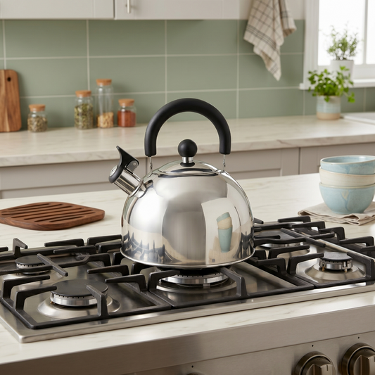 Stainless Steel Culinary Food Grade Tea Kettle with Soft Grip Cool Touch Foldable Handle 2.5
