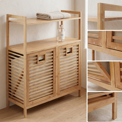 Bamboo Two Laundry Hamper Cabinet with Shelves