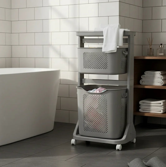 2-Tier Moveable Laundary Basket with Top Storage