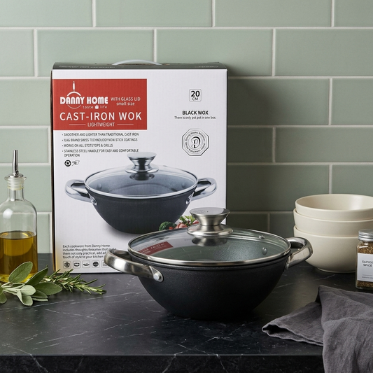 Danny Home Cast-Iron Karahi Double Handle Wok with Lid