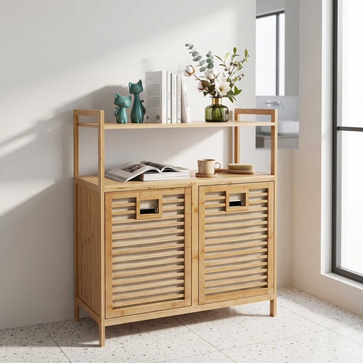 Bamboo Two Laundry Hamper Cabinet with Shelves