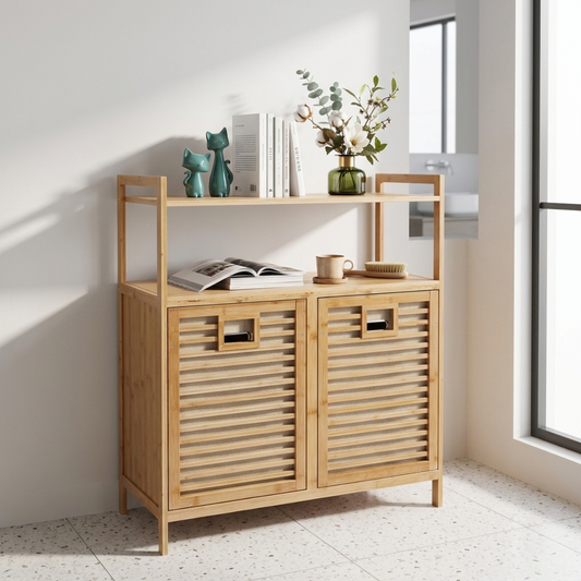 Bamboo Two Laundry Hamper Cabinet with Shelves