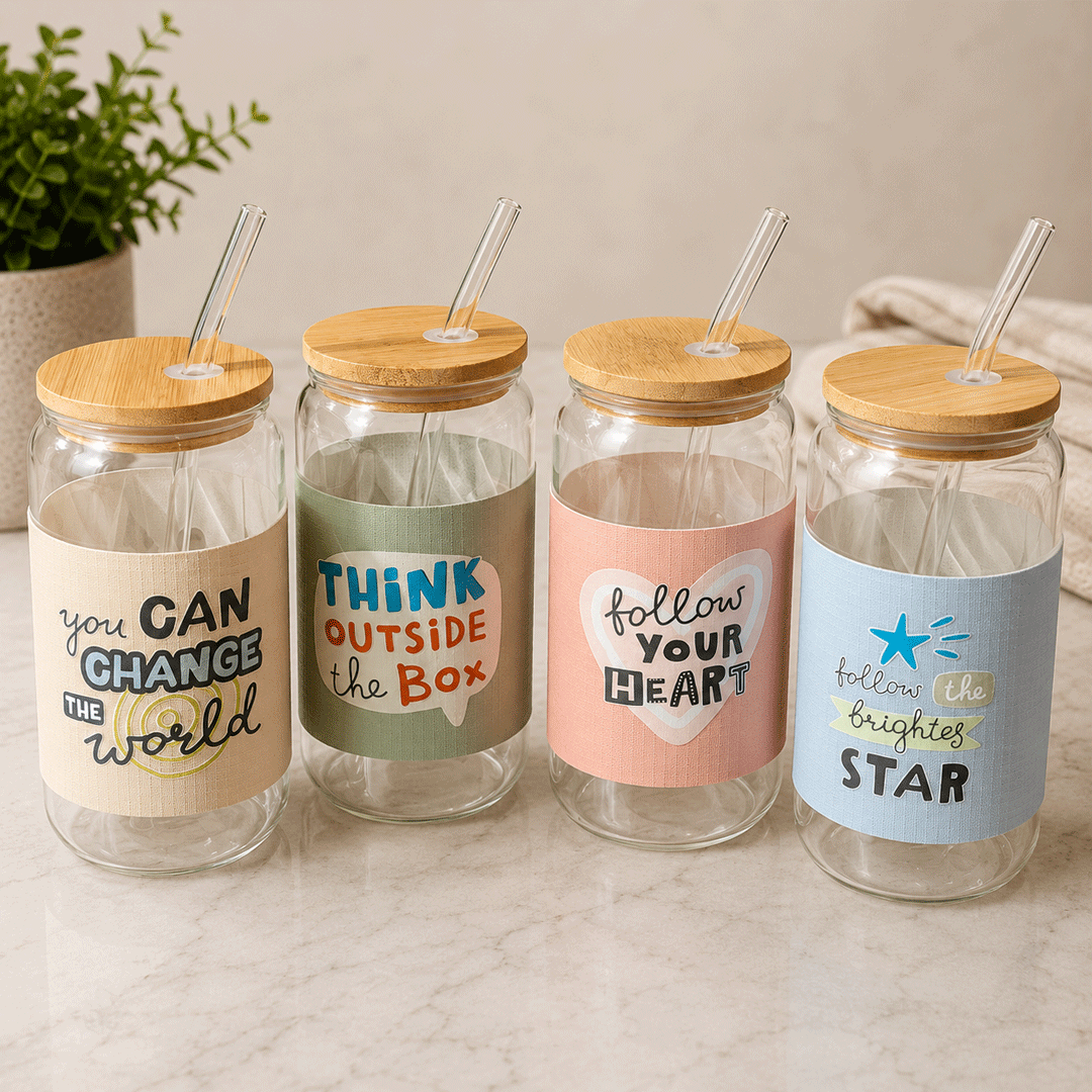 Tall Glass In All Its Glory 450ml Can Glass with Lid & Straw Leather Sleeve Cup