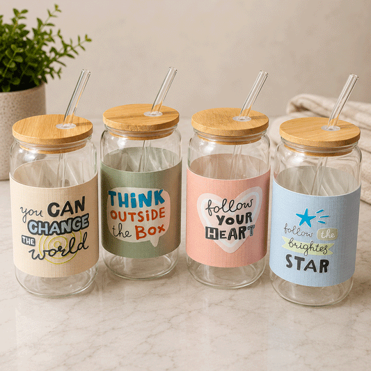 Tall Glass In All Its Glory 450ml Can Glass with Lid & Straw Leather Sleeve Cup