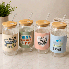 Tall Glass In All Its Glory 450ml Can Glass with Lid & Straw Leather Sleeve Cup