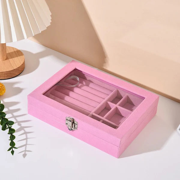 Velvet Jewelry Storage Box Glass Lid and Lock.
