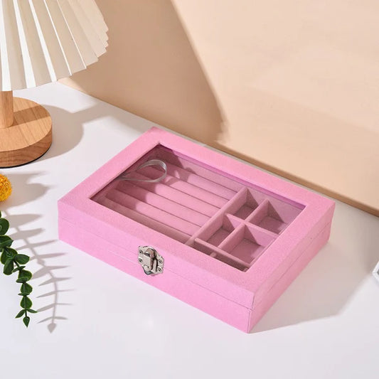 Velvet Jewelry Storage Box Glass Lid and Lock.