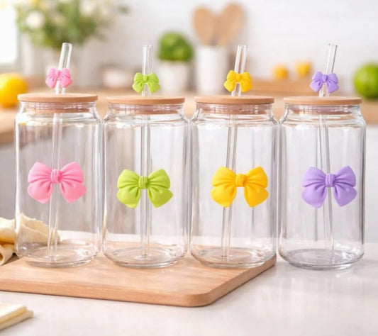 Coquette Bow Aesthetic Glass Cups with Bamboo Lids and Bow Straws
