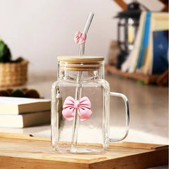 500ml Glass Cup W/ Straw+bamboo Lid+handle Bow Design Pink