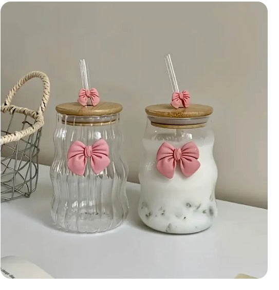 Bamboo Lid Glass Cup with Bow
