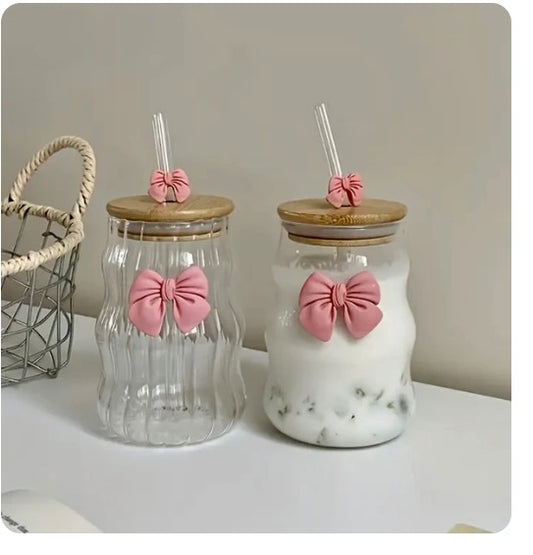 Bamboo Lid Glass Cup with Bow