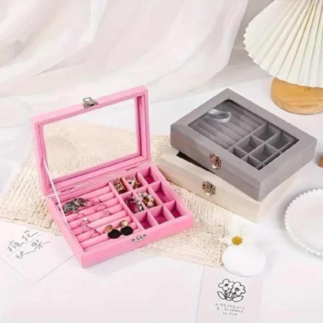 Velvet Jewelry Storage Box with Glass Lid & Lock