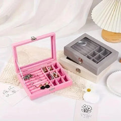 Velvet Jewelry Storage Box with Glass Lid & Lock
