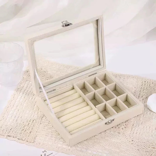 Velvet Jewelry Storage Box Glass Lid and Lock.