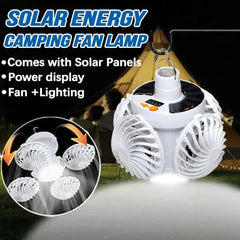 Solar Ceiling Fan Light with Hook and Foldable Frame for Camping and Indoor Use