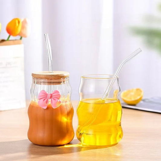 Bamboo Lid Glass Cup with Bow